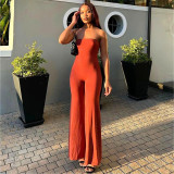 Solid casual sleeveless one line collar bra slim fitting flare jumpsuit