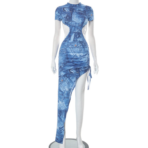 Fashionable denim printed strap with a large open back sexy dress