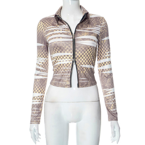 Printed Fashion Lapel Double Zip Long Sleeve Tight Top