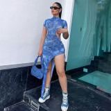 Fashionable denim printed strap with a large open back sexy dress
