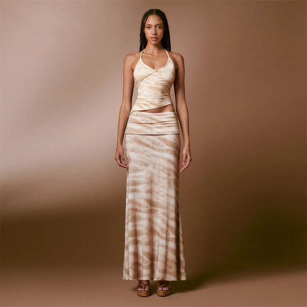 Leisure Sleeveless Hanging Neck Short Top Half Skirt Women's Set
