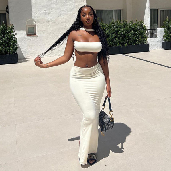 Solid color navel exposed short bra low waist split skirt two-piece set