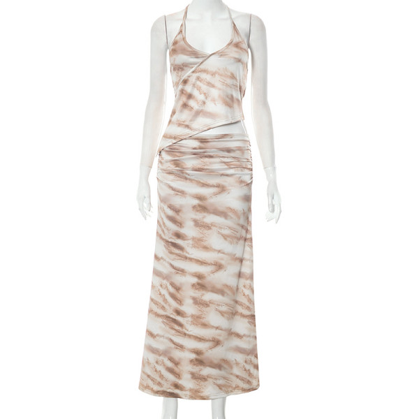 Leisure Sleeveless Hanging Neck Short Top Half Skirt Women's Set