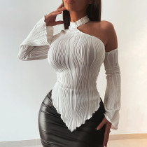 Solid casual off shoulder round neck long sleeved wooden ear edge slim fitting top