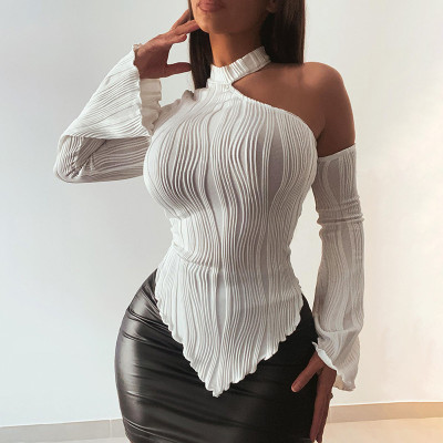 Solid casual off shoulder round neck long sleeved wooden ear edge slim fitting top