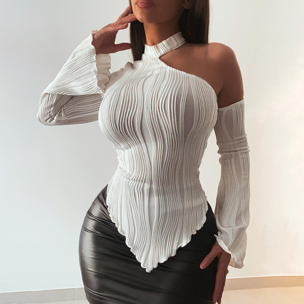 Solid casual off shoulder round neck long sleeved wooden ear edge slim fitting top