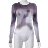 Casual Mosaic Printed Round Neck Long Sleeve Slim Fit One Piece Top