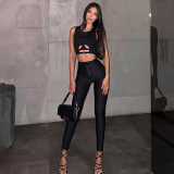 Tight sleeveless hollow top button pants casual set
