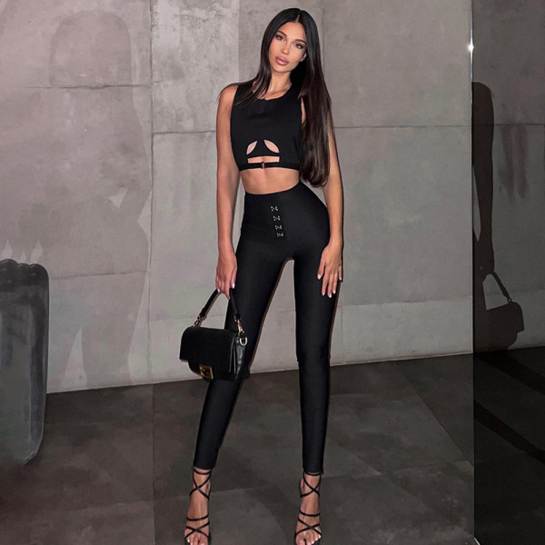 Tight sleeveless hollow top button pants casual set