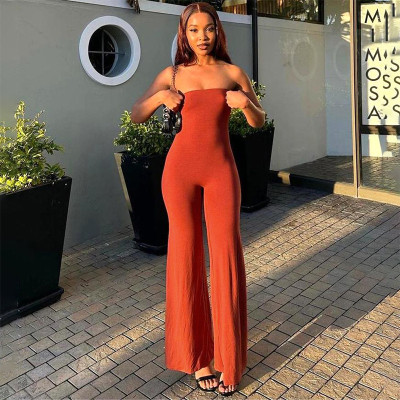 Solid casual sleeveless one line collar bra slim fitting flare jumpsuit