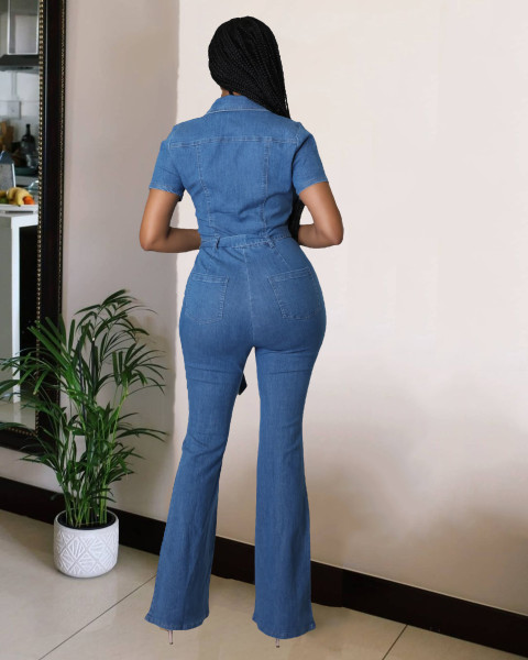 Sexy and fashionable short sleeved denim jumpsuit jumpsuit flared pants