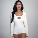 U-neck button tight woolen long sleeved three piece jumpsuit