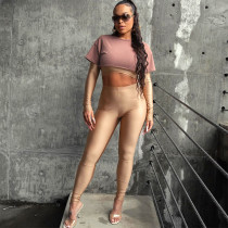 Contrast color double layered long sleeved open navel top and pants casual set Contrast color double layered long sleeved open navel top and pants casual set