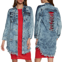 Fashionable distressed long denim jacket Fashionable distressed long denim jacket