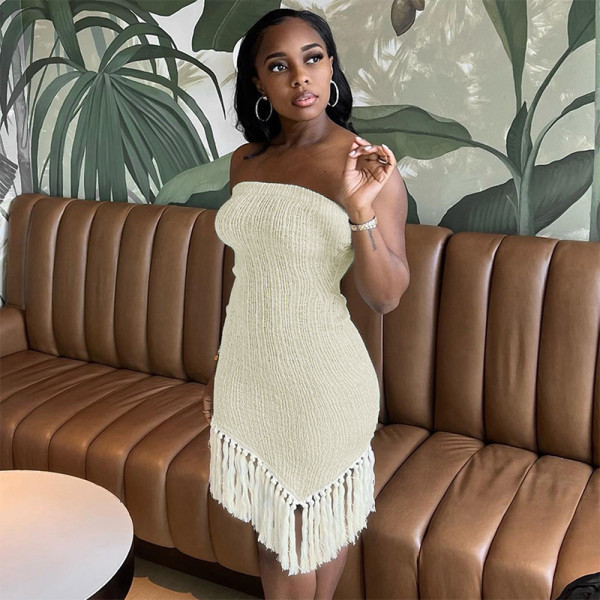 Fashion Street Solid Color Wrapped Chest Irregular Tassel Dress