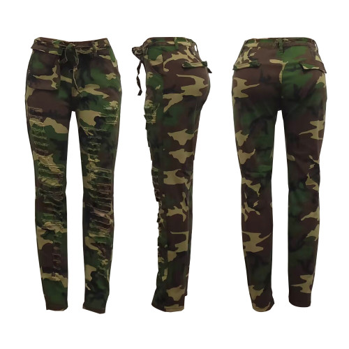 Fashion slim fitting camouflage printed distressed casual pants
