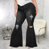 Fashion Slim Fit Wide Leg Perforated Plus Size Fat MM Flare Jeans