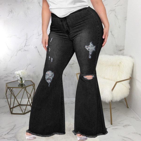 Fashion Slim Fit Wide Leg Perforated Plus Size Fat MM Flare Jeans