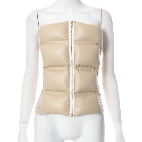 Solid color chest wrap tight cotton suit PU leather top