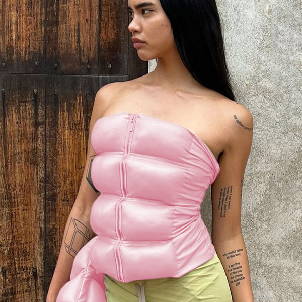 Solid color chest wrap tight cotton suit PU leather top