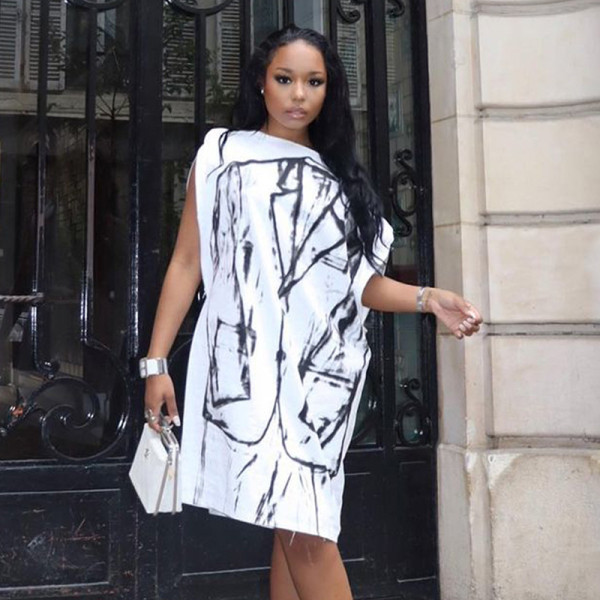 Suit printed sleeveless off shoulder zippered dress