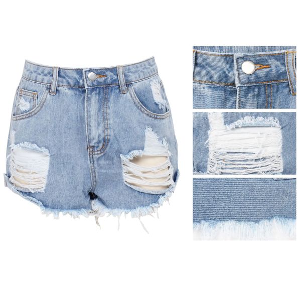Fashionable and versatile slim fitting, washed and torn denim bulletless shorts