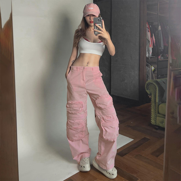 Solid color patch pocket zipper detachable leg casual workwear pants