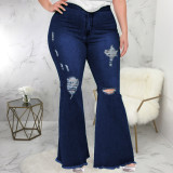 Fashion Slim Fit Wide Leg Perforated Plus Size Fat MM Flare Jeans