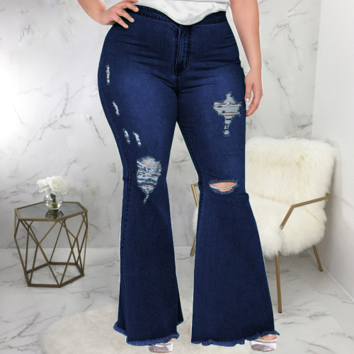 Fashion Slim Fit Wide Leg Perforated Plus Size Fat MM Flare Jeans