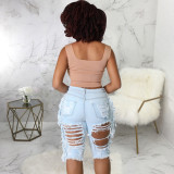 Fashionable hand worn high waisted washed elastic denim capris