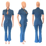 Sexy and fashionable short sleeved denim jumpsuit jumpsuit flared pants