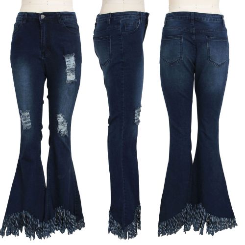 Fashion Versatile Slim Fit Wide Leg Washed Perforated Denim Flare Pants