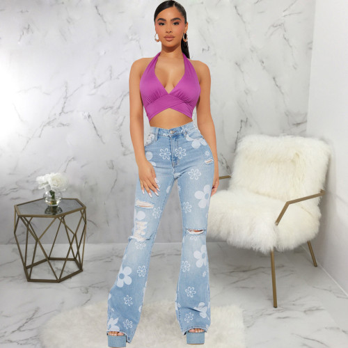 Fashion trend printed denim stretch slim flared pants