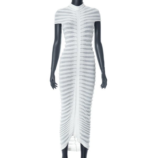 Knitted sweater short sleeved tight fitting perspective dress long skirt