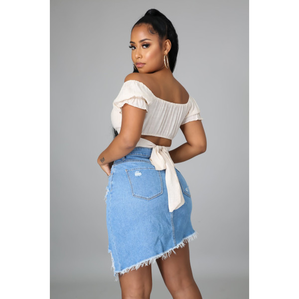 Sexy trend with holes and irregular straight denim skirt