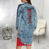 Fashionable distressed long denim jacket