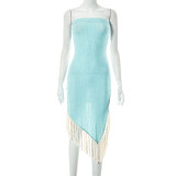 Fashion Street Solid Color Wrapped Chest Irregular Tassel Dress