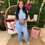 Fashionable loose fitting short sleeved shirt and pants casual set with exposed navel