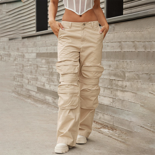 Solid color patch pocket zipper detachable leg casual workwear pants