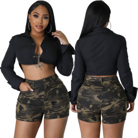 Fashionable slim fitting trend stretch camouflage denim shorts