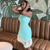 Fashion Street Solid Color Wrapped Chest Irregular Tassel Dress
