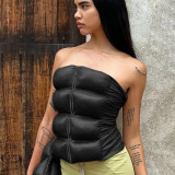 Solid color chest wrap tight cotton suit PU leather top