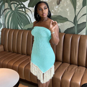 Fashion Street Solid Color Wrapped Chest Irregular Tassel Dress