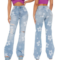 Fashion trend printed denim stretch slim flared pants