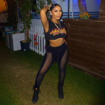 Printed sleeveless top with patchwork mesh pants casual set Printed sleeveless top with patchwork mesh pants casual set