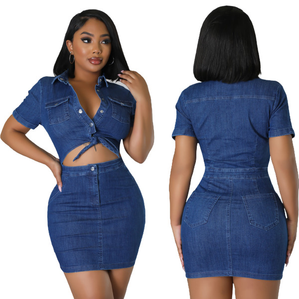 Sexy Slim Fit Denim Dress Wrap Hip Dress Nightclub Dress Half Body Dress