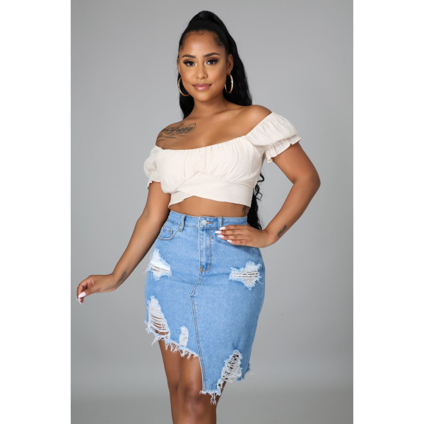 Sexy trend with holes and irregular straight denim skirt