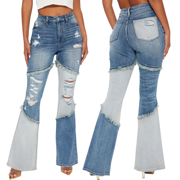 Sexy and fashionable versatile tassel pierced elastic slim flared pants