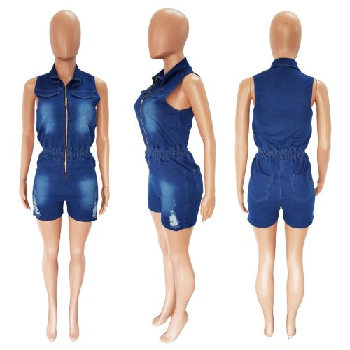Denim Slim Fit Slim Jumpsuit with White Perforated Zipper Jumpsuit
