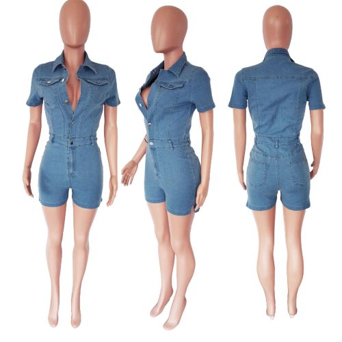 Women's fashion sexy denim slim fitting slit short skirt denim jumpsuit